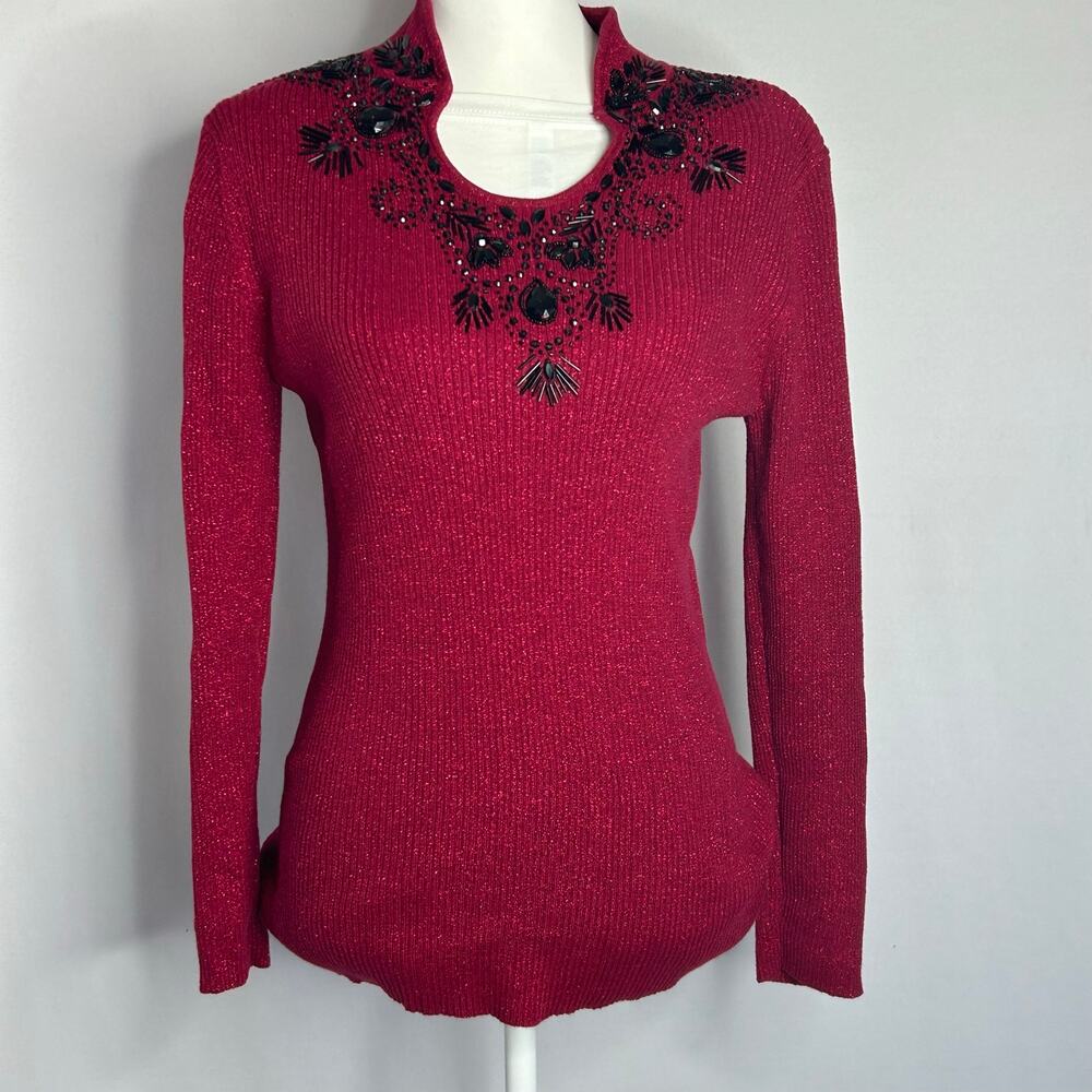 Objets d’Art Petite PM Red Metallic Beaded Keyhole Mock Neck Holiday Sweater